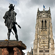 The statue of Ambiorix at the Great Market and the Tongeren Basilica / Onze-Lieve-Vrouwe Basiliek at Tongeren, Belgium