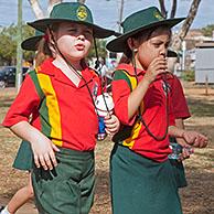 Little girls dressed in school uniforms at Mount Isa, Gulf Country region of Queensland, Australia