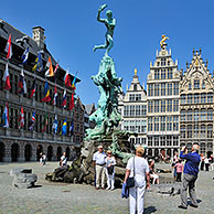 Antwerp City Hall, guildhalls and the statue of Brabo at the Grote Markt / Main Square / Grand Place, Belgium