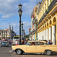 Old 1950s vintage American cars / Yank tank on the Prado avenue / Paseo del Prado in Havana, Cuba, Caribbean