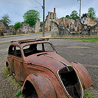 Ruins along the high street. The burned village Oradour-sur-Glane was destroyed on 10 June 1944, when 642 of its inhabitants, including women and children, were massacred by a German Waffen-SS company, Limousin, France